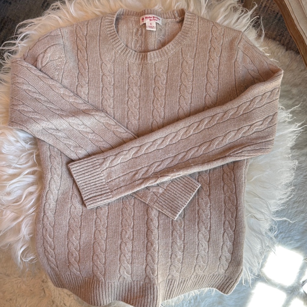 Brooks Brothers Cashmere Tan Cable Knit Crewneck Sweater